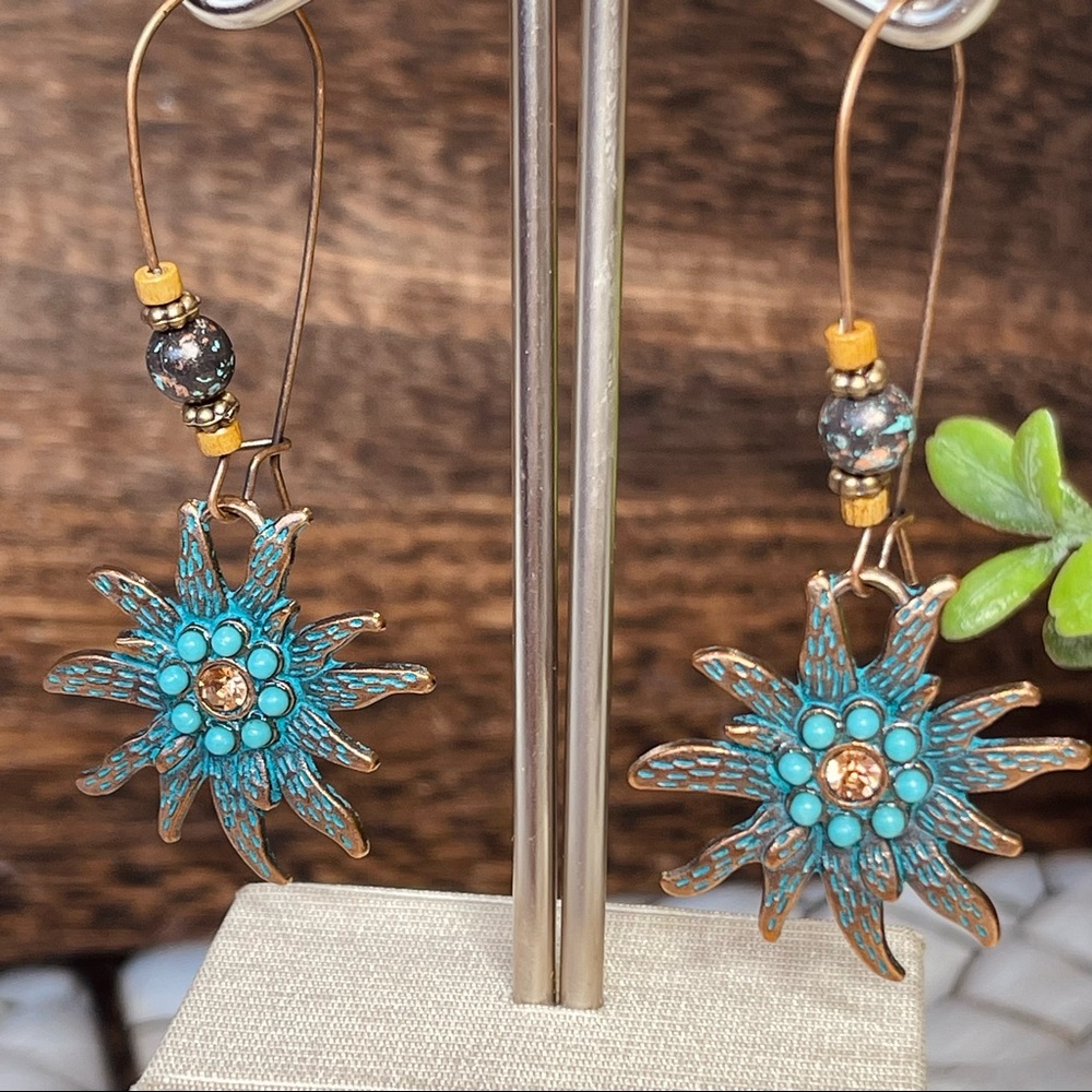 COSMIC RAYS EARRINGS long dangling STARBURST Turquoise blue boho ocean burst